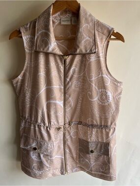 Zenergy By Chicos Sleeveless Jacket Vest Sz 1 Med 8 Tan Taupe White Zip Pockets